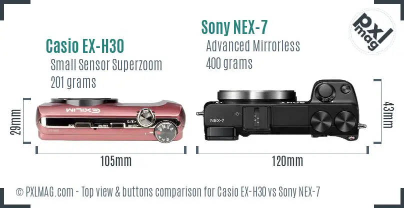 Casio EX-H30 vs Sony NEX-7 top view buttons comparison