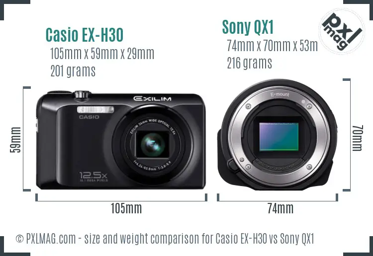 Casio EX-H30 vs Sony QX1 size comparison Casio EX-H30 vs Sony QX1 size comparison