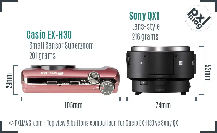 Casio EX-H30 vs Sony QX1 top view buttons comparison Casio EX-H30 vs Sony QX1 top view buttons comparison