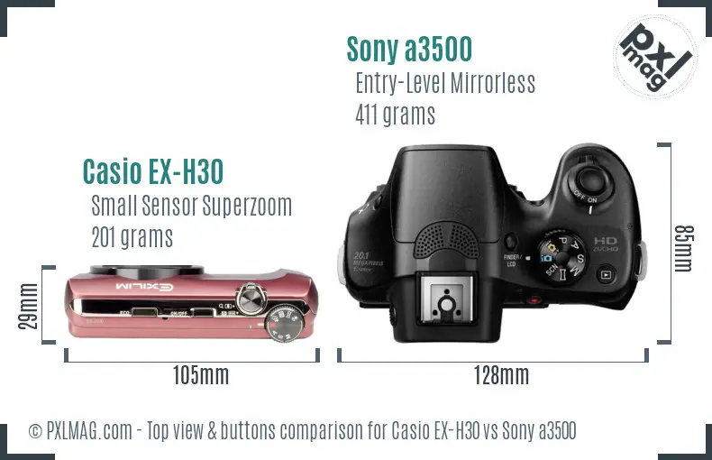 Casio EX-H30 vs Sony a3500 top view buttons comparison