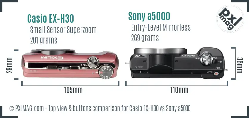 Casio EX-H30 vs Sony a5000 top view buttons comparison