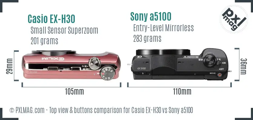 Casio EX-H30 vs Sony a5100 top view buttons comparison