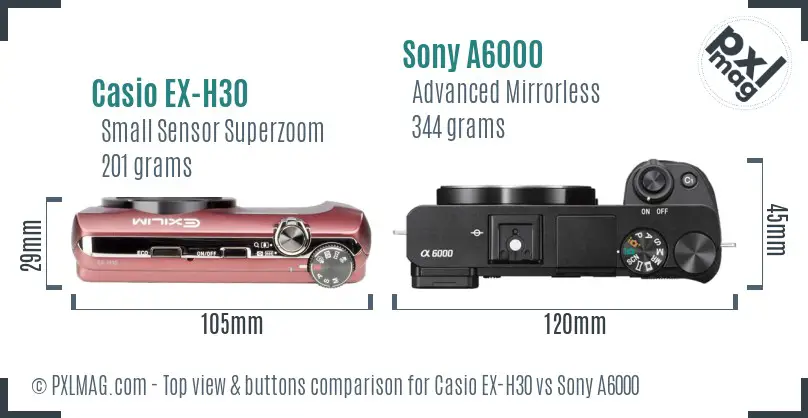 Casio EX-H30 vs Sony A6000 top view buttons comparison