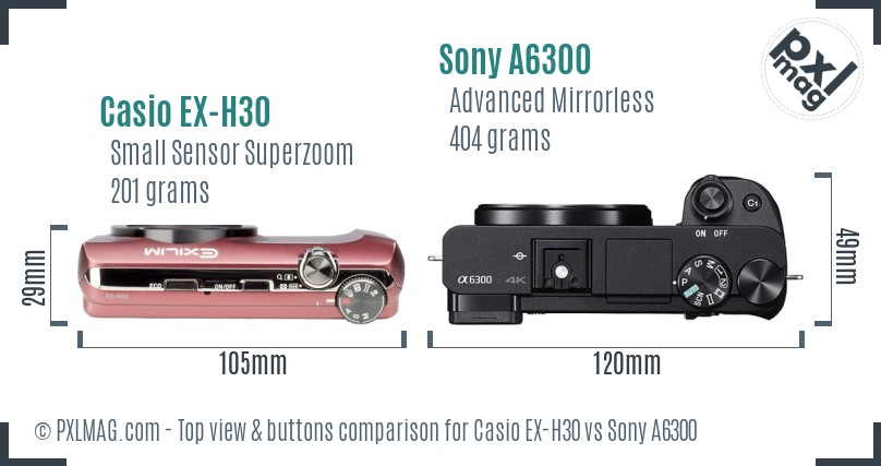 Casio EX-H30 vs Sony A6300 top view buttons comparison