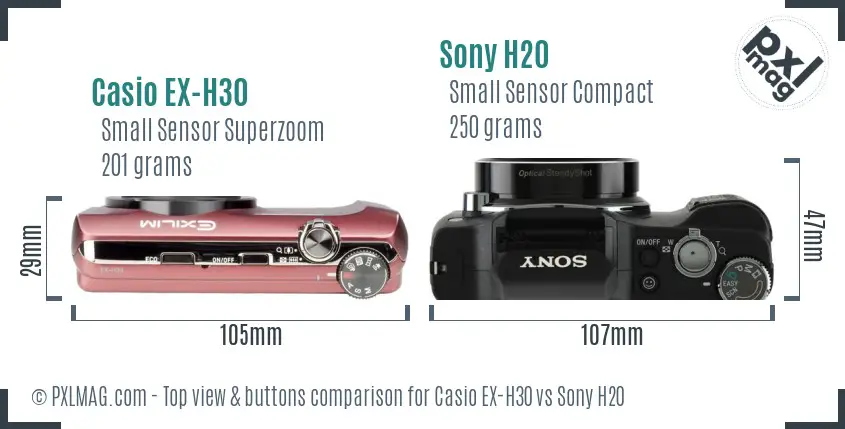 Casio EX-H30 vs Sony H20 top view buttons comparison