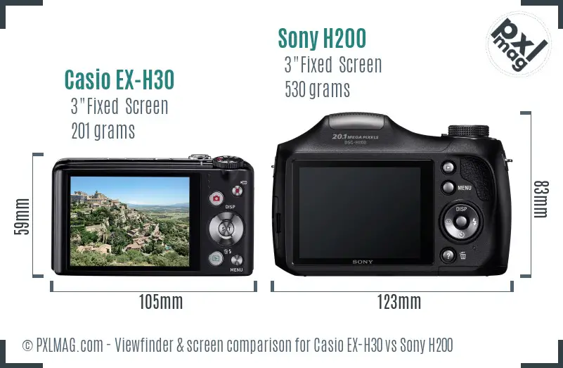 Casio EX-H30 vs Sony H200 Screen and Viewfinder comparison