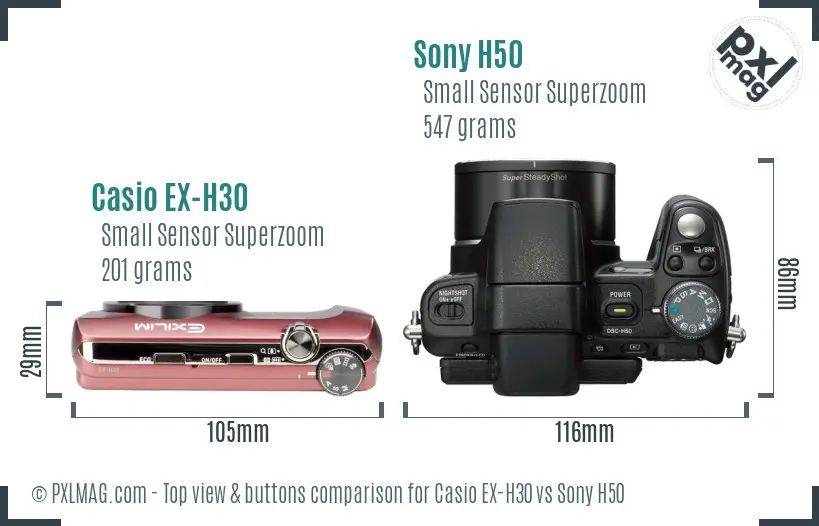 Casio EX-H30 vs Sony H50 top view buttons comparison Casio EX-H30 vs Sony H50 top view buttons comparison