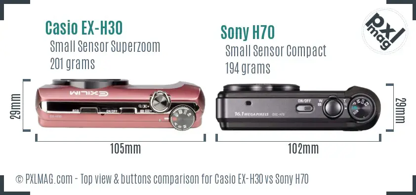 Casio EX-H30 vs Sony H70 top view buttons comparison Casio EX-H30 vs Sony H70 top view buttons comparison