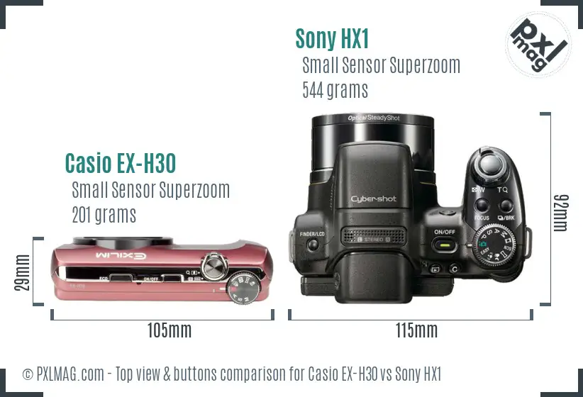 Casio EX-H30 vs Sony HX1 top view buttons comparison Casio EX-H30 vs Sony HX1 top view buttons comparison