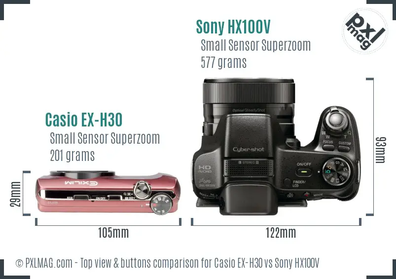 Casio EX-H30 vs Sony HX100V top view buttons comparison Casio EX-H30 vs Sony HX100V top view buttons comparison
