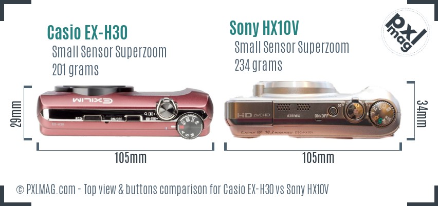 Casio EX-H30 vs Sony HX10V top view buttons comparison