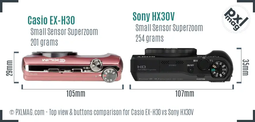 Casio EX-H30 vs Sony HX30V top view buttons comparison