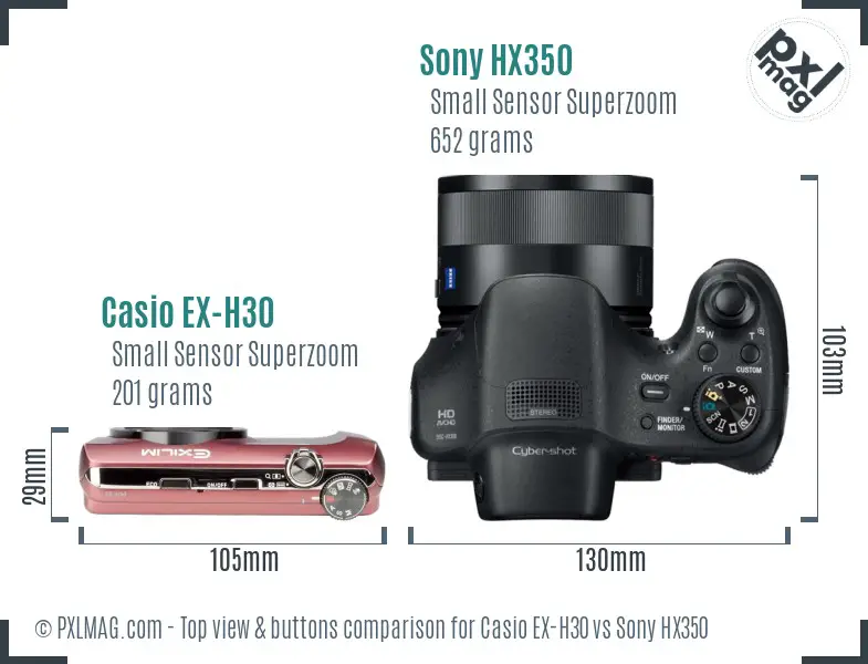Casio EX-H30 vs Sony HX350 top view buttons comparison Casio EX-H30 vs Sony HX350 top view buttons comparison