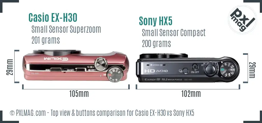 Casio EX-H30 vs Sony HX5 top view buttons comparison Casio EX-H30 vs Sony HX5 top view buttons comparison
