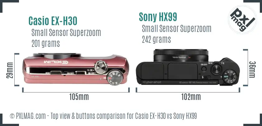 Casio EX-H30 vs Sony HX99 top view buttons comparison