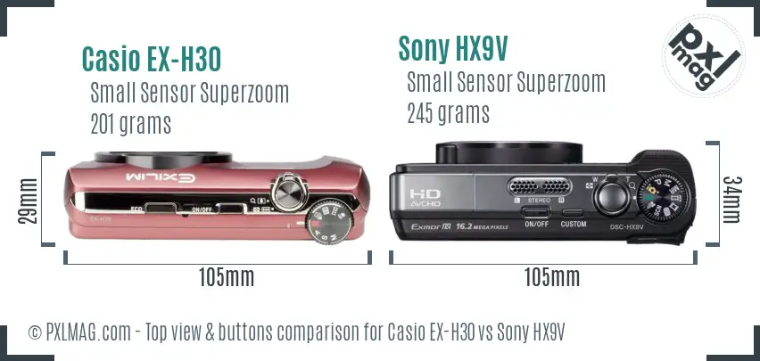 Casio EX-H30 vs Sony HX9V top view buttons comparison