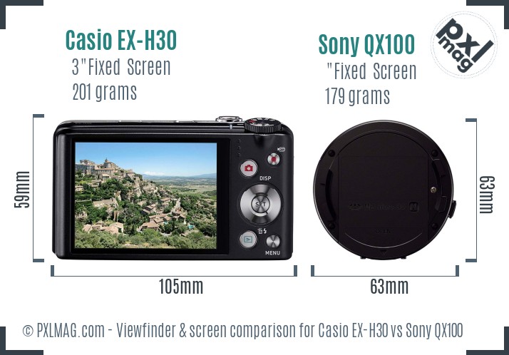 Casio EX-H30 vs Sony QX100 Screen and Viewfinder comparison