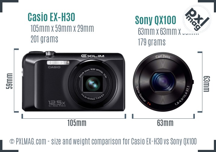 Casio EX-H30 vs Sony QX100 size comparison Casio EX-H30 vs Sony QX100 size comparison