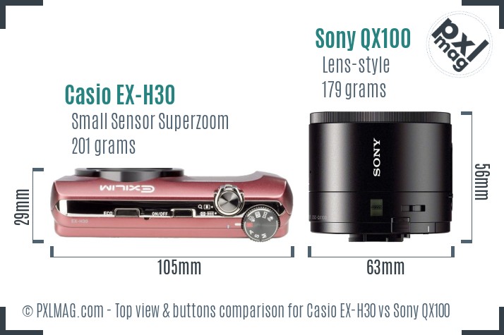Casio EX-H30 vs Sony QX100 top view buttons comparison