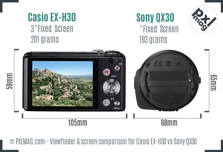 Casio EX-H30 vs Sony QX30 Screen and Viewfinder comparison