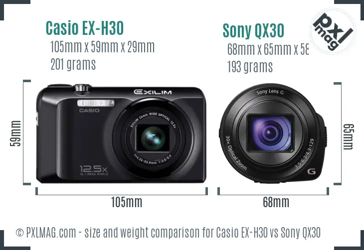 Casio EX-H30 vs Sony QX30 size comparison