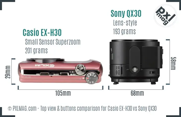 Casio EX-H30 vs Sony QX30 top view buttons comparison