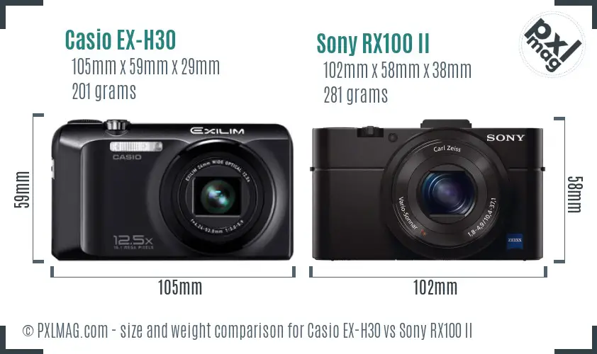 Casio EX-H30 vs Sony RX100 II size comparison