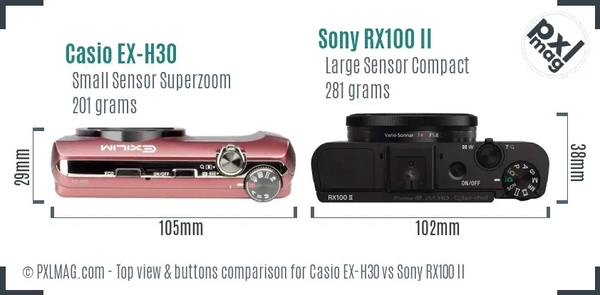 Casio EX-H30 vs Sony RX100 II top view buttons comparison