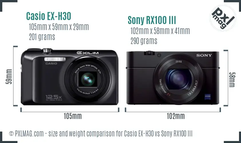 Casio EX-H30 vs Sony RX100 III size comparison
