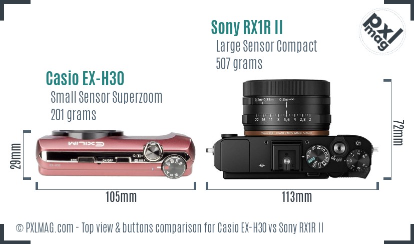 Casio EX-H30 vs Sony RX1R II top view buttons comparison
