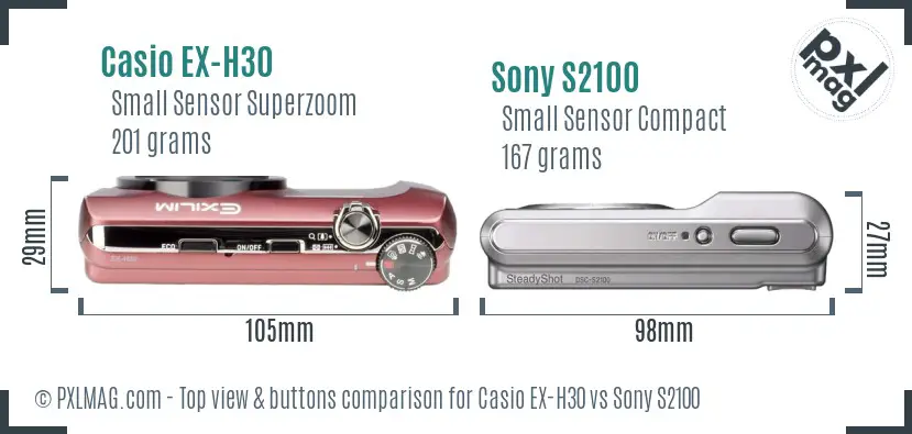 Casio EX-H30 vs Sony S2100 top view buttons comparison