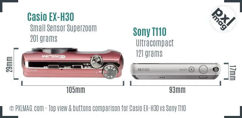 Casio EX-H30 vs Sony T110 top view buttons comparison