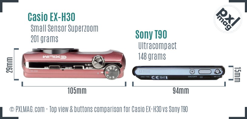 Casio EX-H30 vs Sony T90 top view buttons comparison
