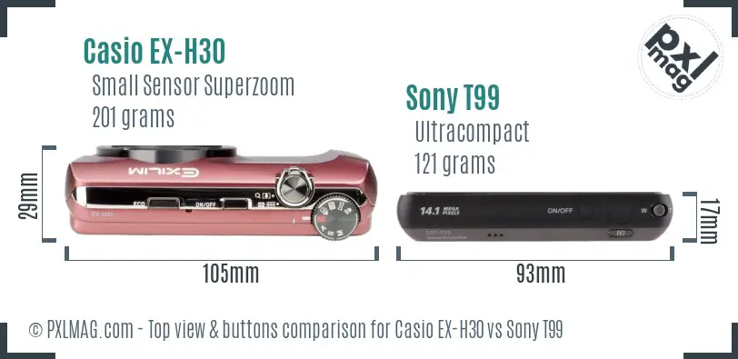 Casio EX-H30 vs Sony T99 top view buttons comparison Casio EX-H30 vs Sony T99 top view buttons comparison