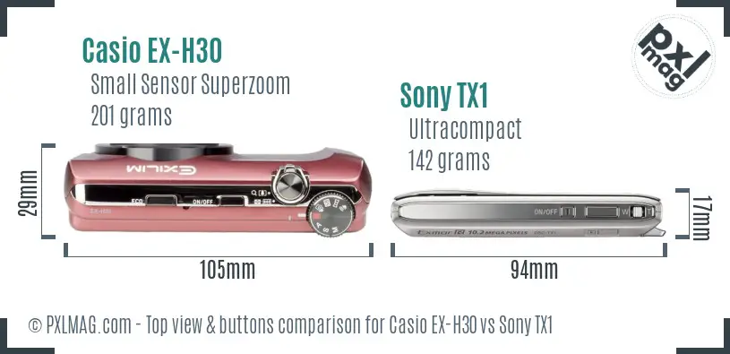 Casio EX-H30 vs Sony TX1 top view buttons comparison