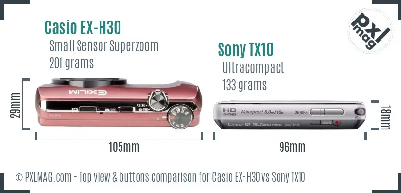 Casio EX-H30 vs Sony TX10 top view buttons comparison