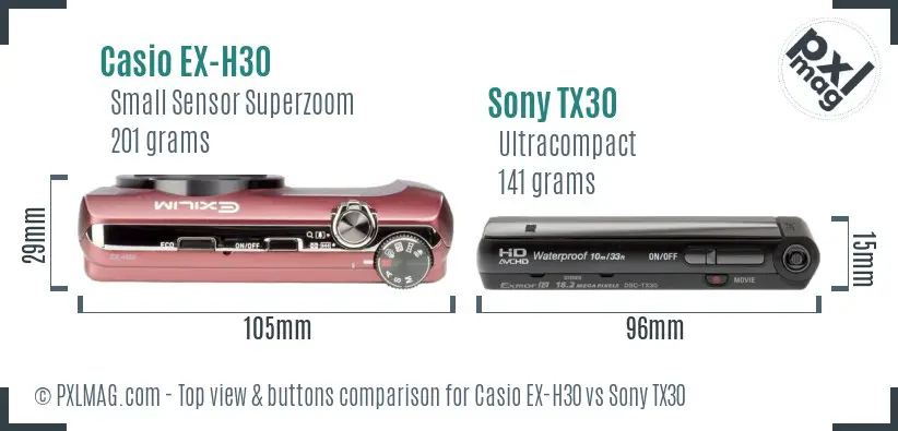 Casio EX-H30 vs Sony TX30 top view buttons comparison