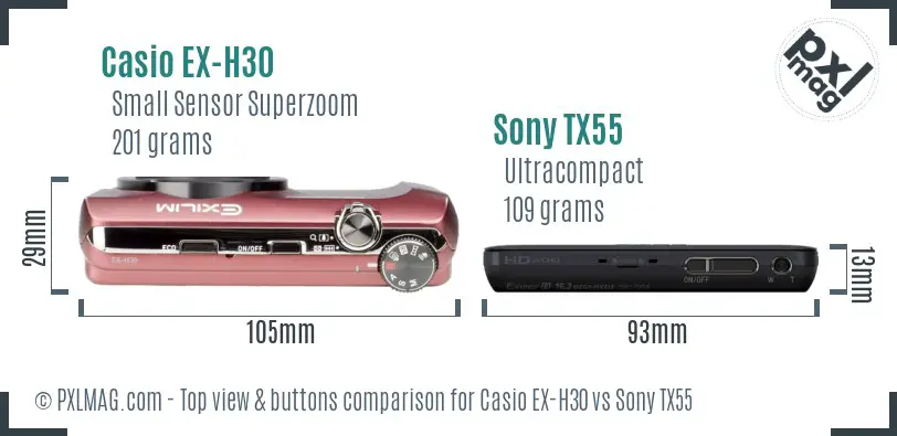 Casio EX-H30 vs Sony TX55 top view buttons comparison Casio EX-H30 vs Sony TX55 top view buttons comparison
