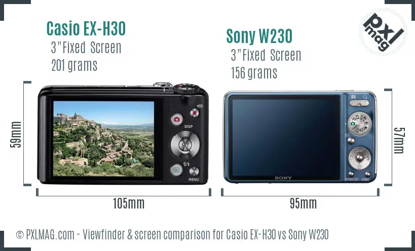 Casio EX-H30 vs Sony W230 Screen and Viewfinder comparison