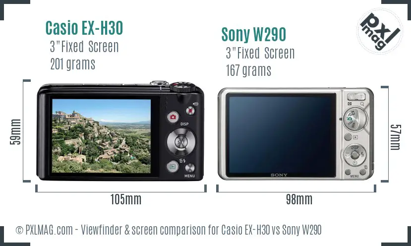 Casio EX-H30 vs Sony W290 Screen and Viewfinder comparison