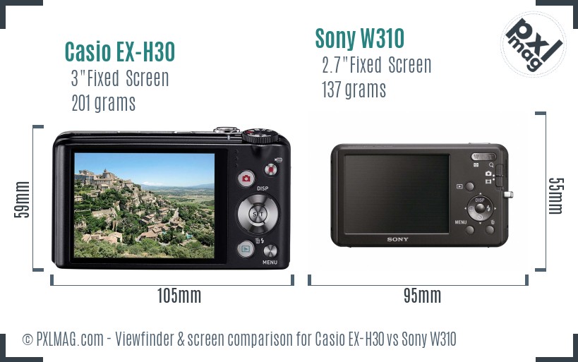 Casio EX-H30 vs Sony W310 Screen and Viewfinder comparison