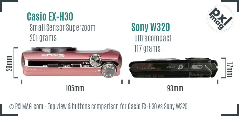 Casio EX-H30 vs Sony W320 top view buttons comparison Casio EX-H30 vs Sony W320 top view buttons comparison