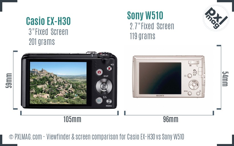 Casio EX-H30 vs Sony W510 Screen and Viewfinder comparison