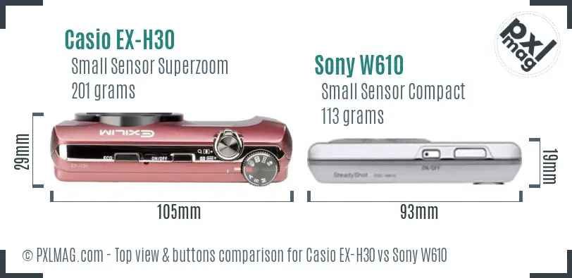 Casio EX-H30 vs Sony W610 top view buttons comparison Casio EX-H30 vs Sony W610 top view buttons comparison