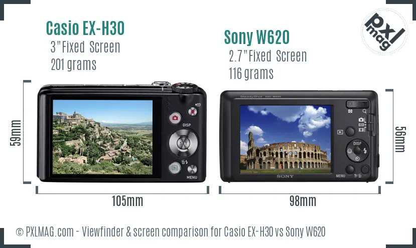 Casio EX-H30 vs Sony W620 Screen and Viewfinder comparison