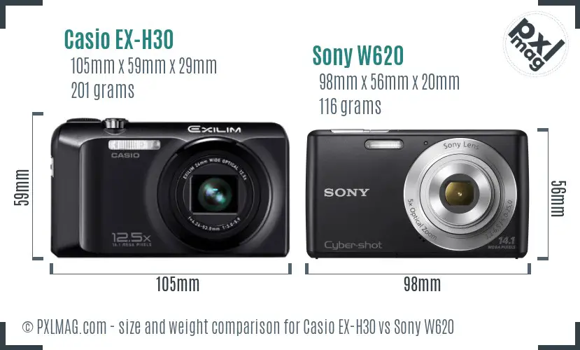 Casio EX-H30 vs Sony W620 size comparison