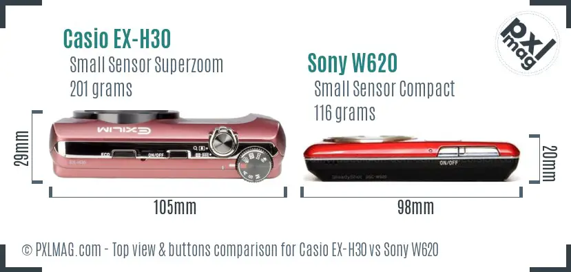 Casio EX-H30 vs Sony W620 top view buttons comparison