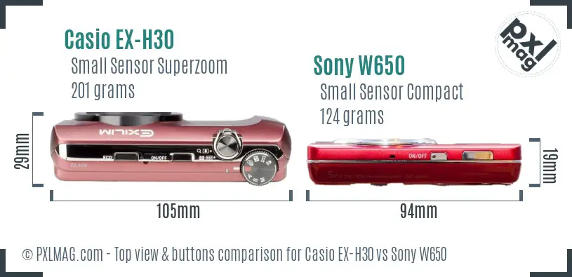 Casio EX-H30 vs Sony W650 top view buttons comparison Casio EX-H30 vs Sony W650 top view buttons comparison