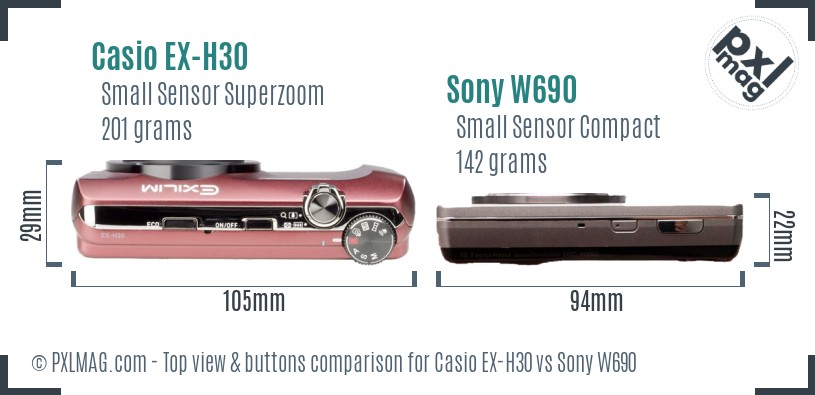 Casio EX-H30 vs Sony W690 top view buttons comparison
