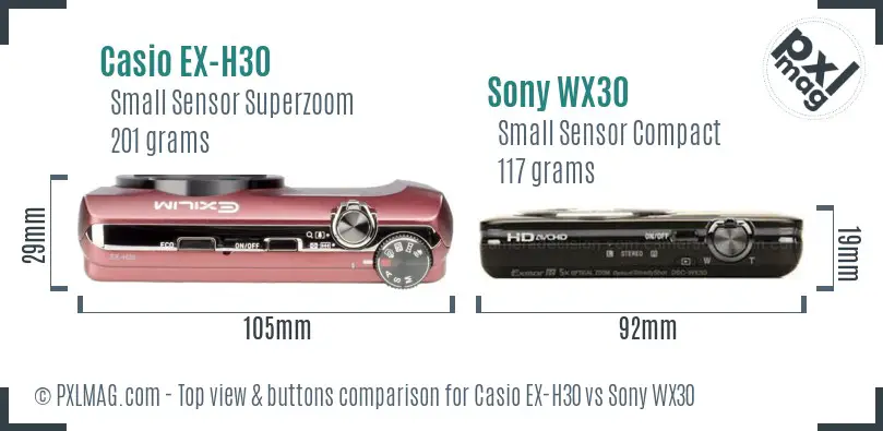 Casio EX-H30 vs Sony WX30 top view buttons comparison